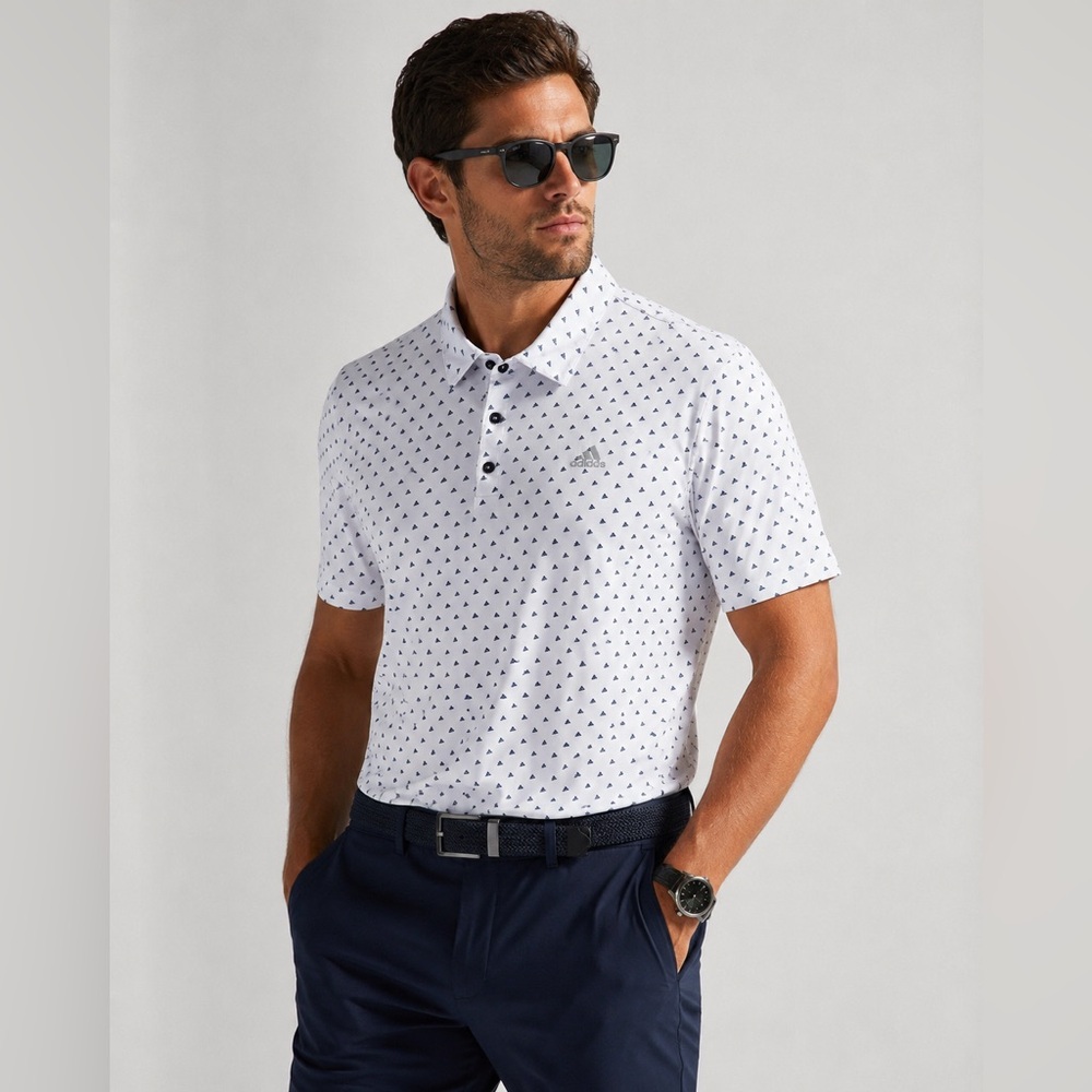 Adidas Golf Polo Shirt Mens 2XL White Blue Logo Print Stretch Performance